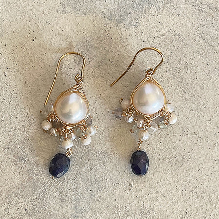 Baroque pearl and dark blue sapphire chandelier earrings