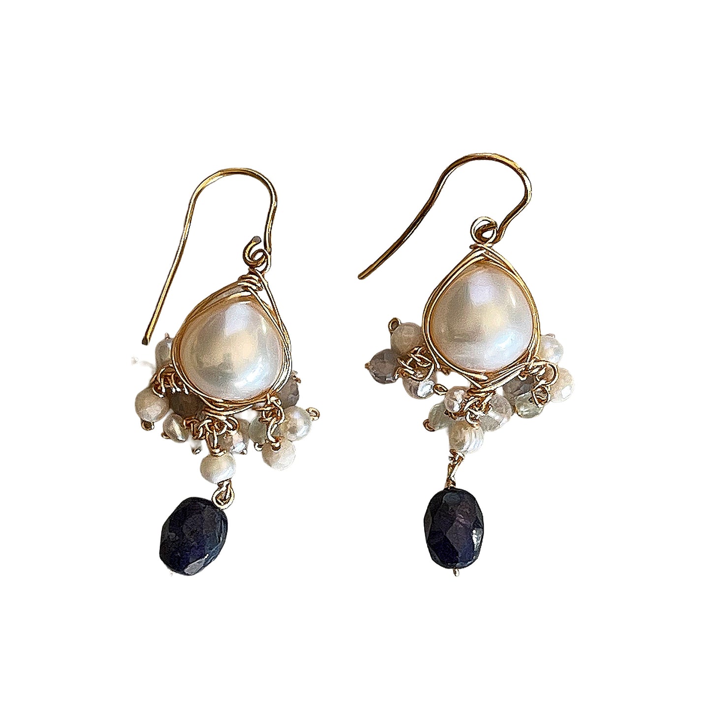 Moonlit Ocean: Baroque Pearl & Dark Blue Sapphire Earrings 14K Gold Fill
