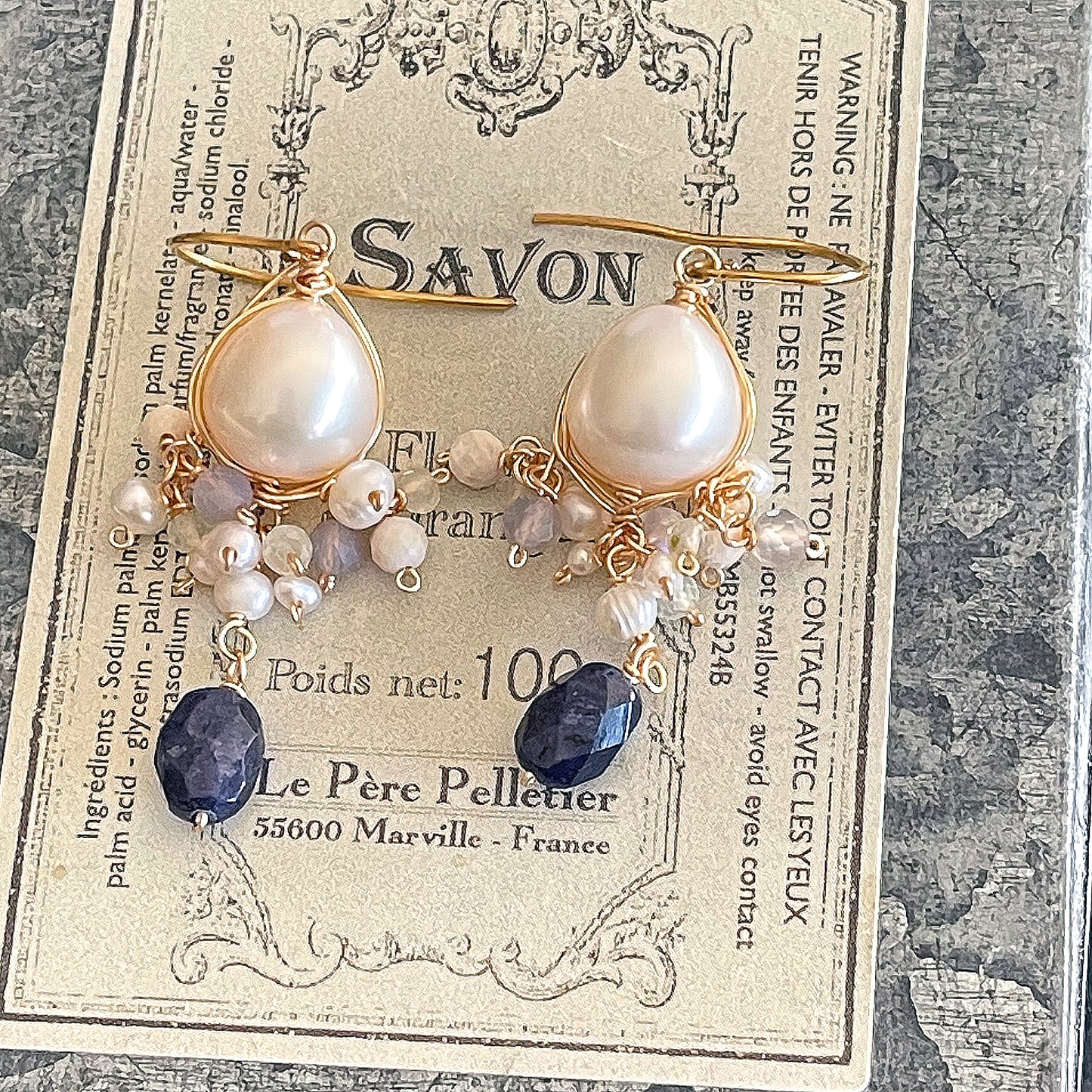Moonlit Ocean: Baroque Pearl & Dark Blue Sapphire Earrings 14K Gold Fill