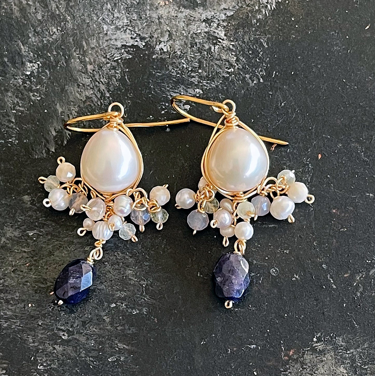Moonlit Ocean: Baroque Pearl & Dark Blue Sapphire Earrings 14K Gold Fill