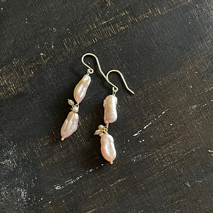 Pale Pink Keshi Pearl Double Strand Earrings - 14KGF