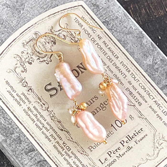 Pale Pink Keshi Pearl Double Strand Earrings - 14KGF