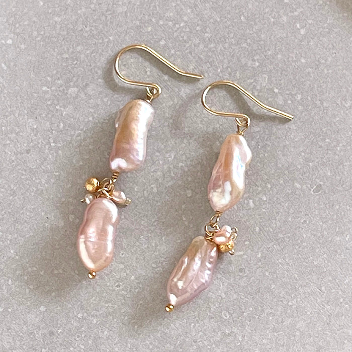 Pale Pink Keshi Pearl Double Strand Earrings - 14KGF