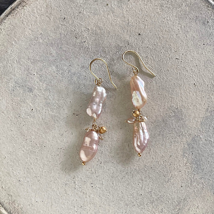 Pale Pink Keshi Pearl Double Strand Earrings - 14KGF