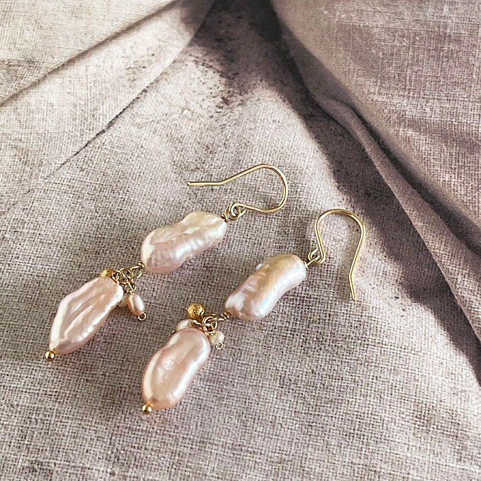 Pale Pink Keshi Pearl Double Strand Earrings - 14KGF