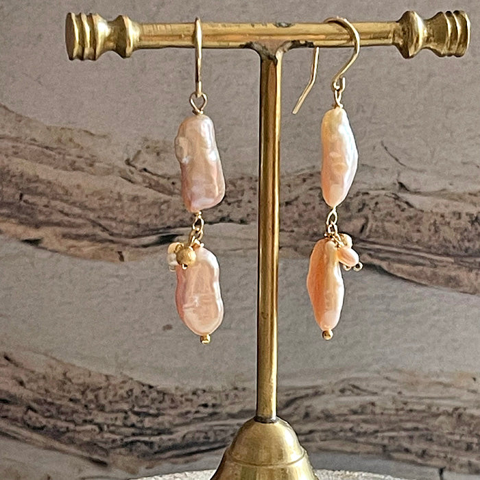 Pale Pink Keshi Pearl Double Strand Earrings - 14KGF