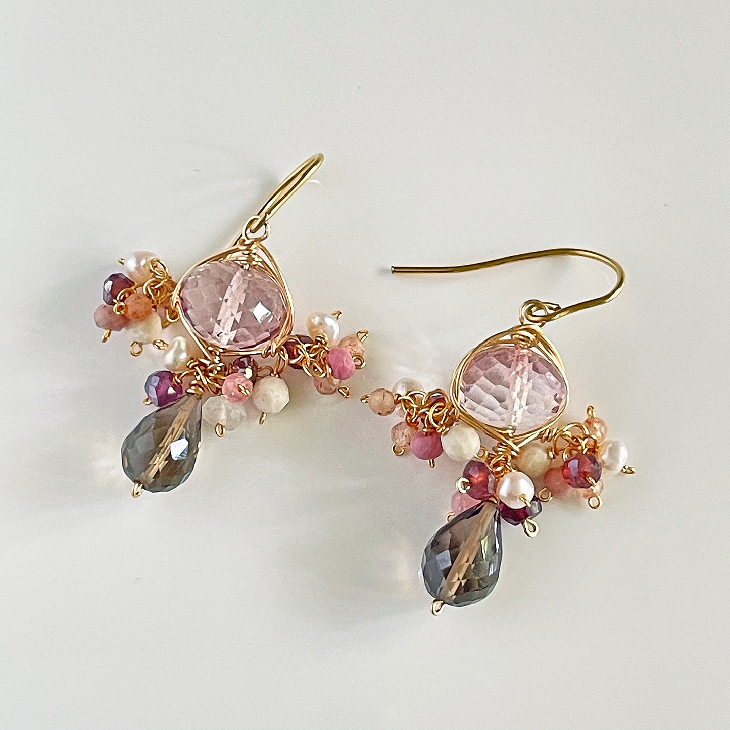 Pink Quartz & Garnet Petite Chandelier Earrings