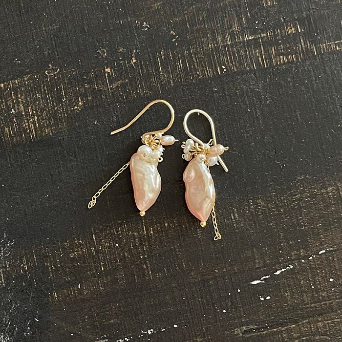 Pale Pink Keshi Pearl with Seed Pearl Earrings - 14KGF