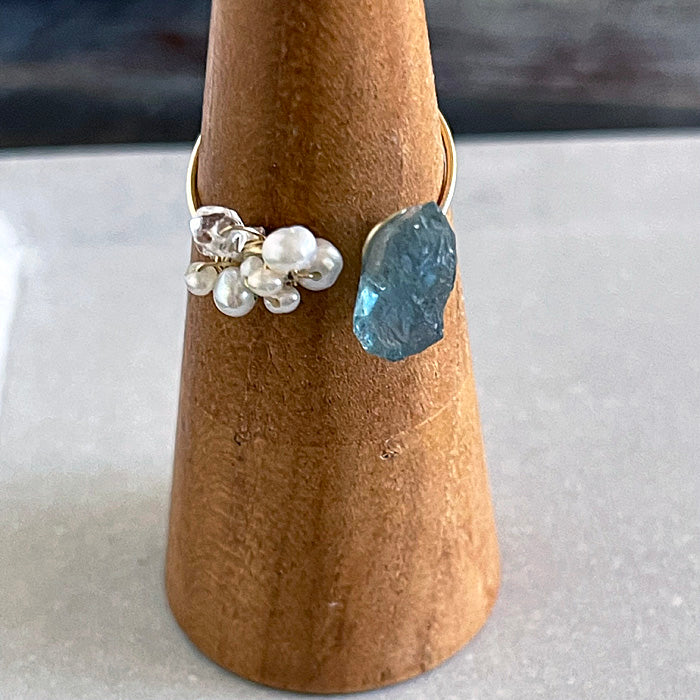 Rough Santa Maria Aquamarine with Pearl Cluster Open Ring - 14KGF