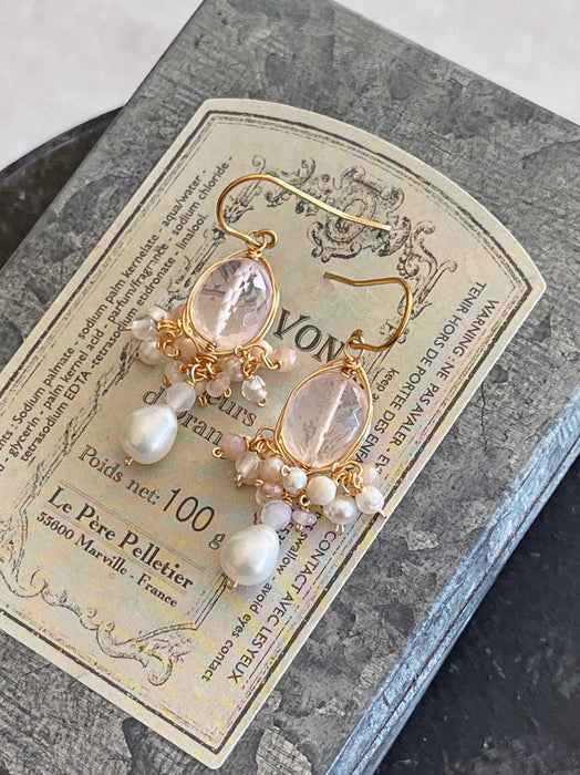 Rose Quartz & Baroque Pearl Chandelier Earrings