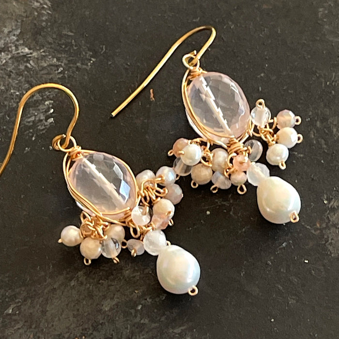 Rose Quartz & Baroque Pearl Chandelier Earrings