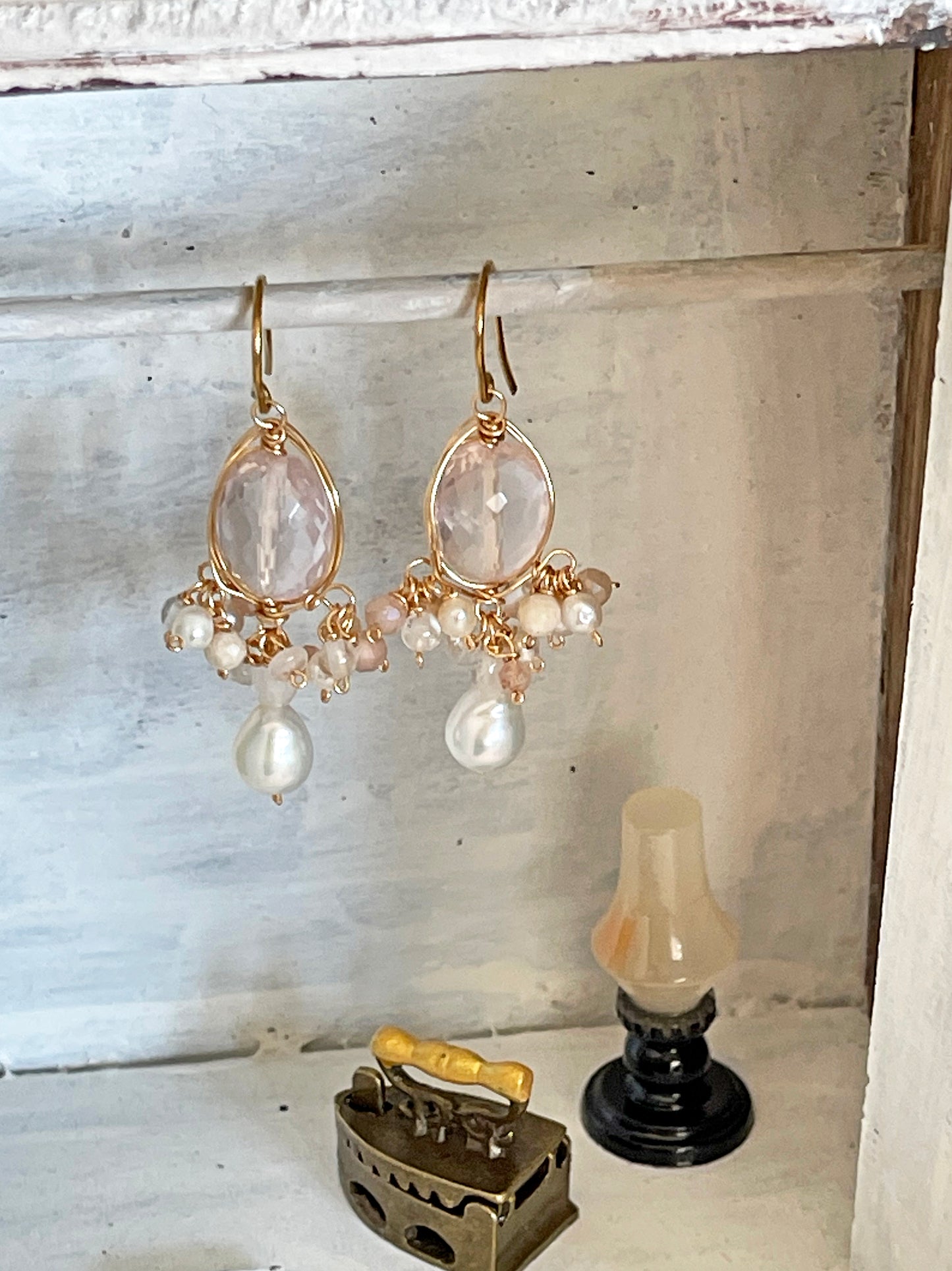 "Blush Harmony" Artisan Chandelier Earrings - Soft Pink Rose Quartz & Luminous Freshwater Pearls