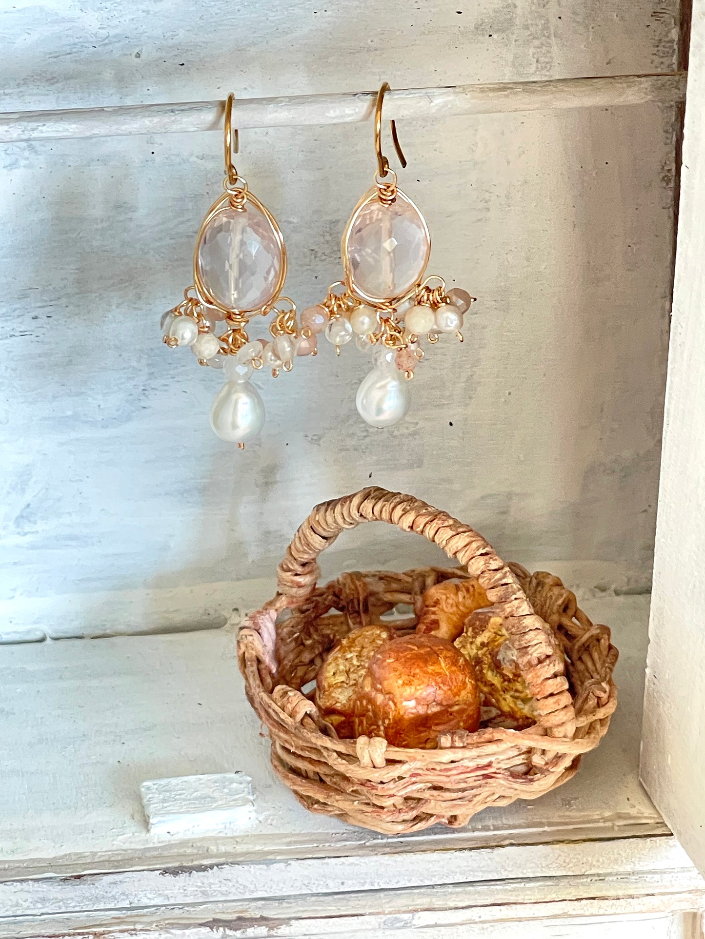 "Blush Harmony" Artisan Chandelier Earrings - Soft Pink Rose Quartz & Luminous Freshwater Pearls