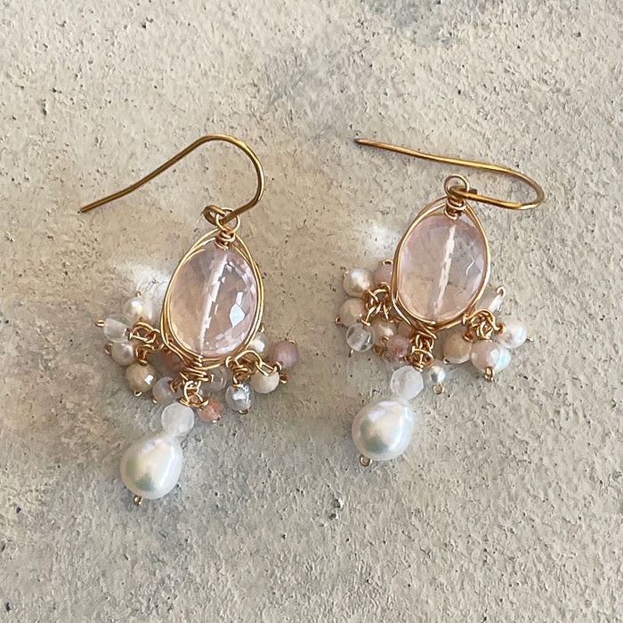 Rose Quartz & Baroque Pearl Chandelier Earrings