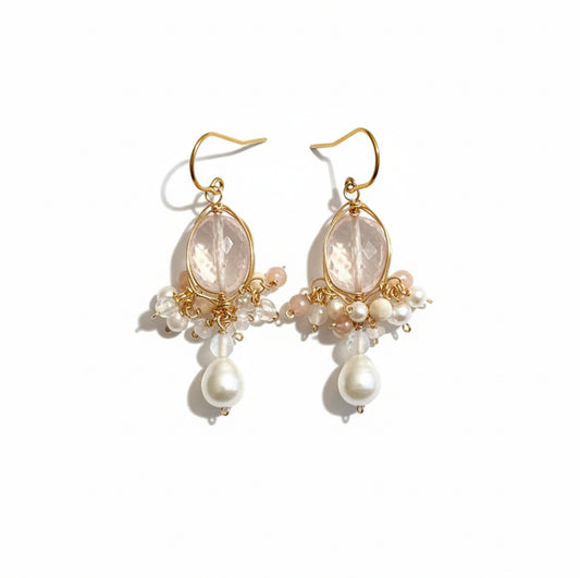 "Blush Harmony" Artisan Chandelier Earrings - Soft Pink Rose Quartz & Luminous Freshwater Pearls