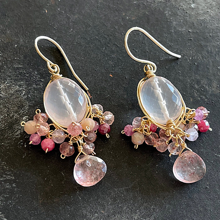 Rose Quartz Oval with Pink Gemstones Wire Wrapped Chandelier Earrings - 14KGF