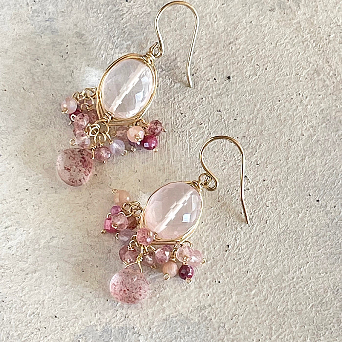 Rose Quartz Oval with Pink Gemstones Wire Wrapped Chandelier Earrings - 14KGF