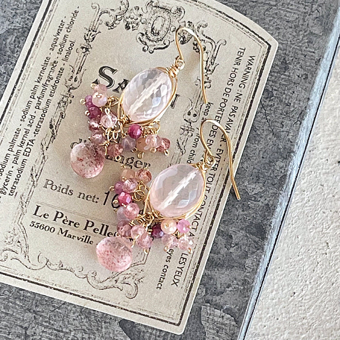 Rose Quartz Oval with Pink Gemstones Wire Wrapped Chandelier Earrings - 14KGF