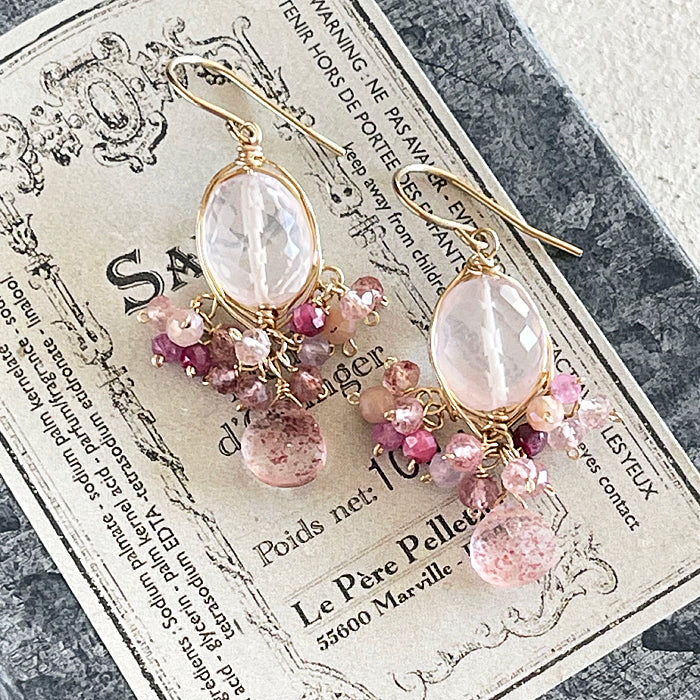 Rose Quartz Oval with Pink Gemstones Wire Wrapped Chandelier Earrings - 14KGF