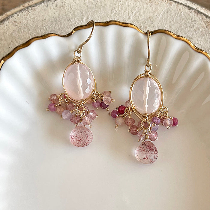 Rose Quartz Oval with Pink Gemstones Wire Wrapped Chandelier Earrings - 14KGF