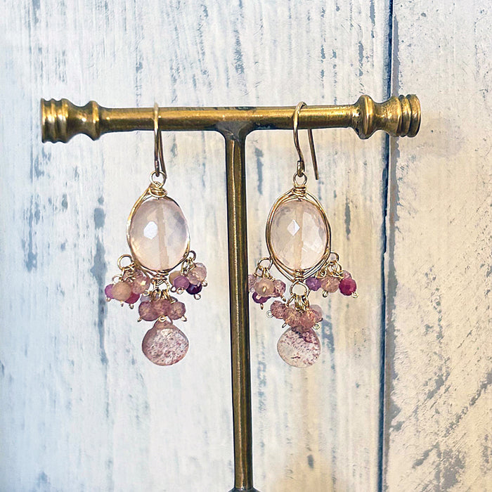 Rose Quartz Oval with Pink Gemstones Wire Wrapped Chandelier Earrings - 14KGF