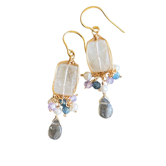 Luminous Echoes: Rutile Quartz & Labradorite Drop Earrings