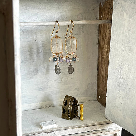 Luminous Echoes: Rutile Quartz & Labradorite Drop Earrings