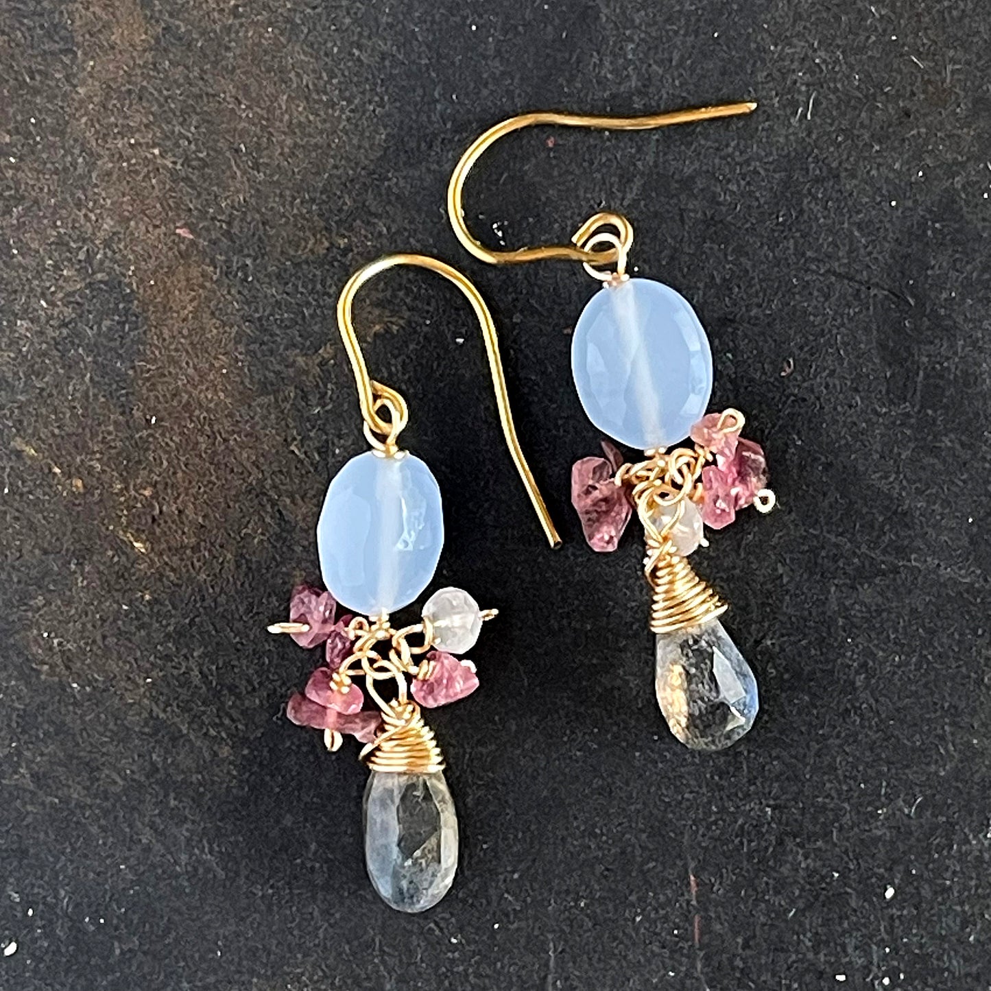 Sage Blue Chalcedony & Pink Tourmaline Chandelier Earrings with Labradorite - 14K Gold Fill