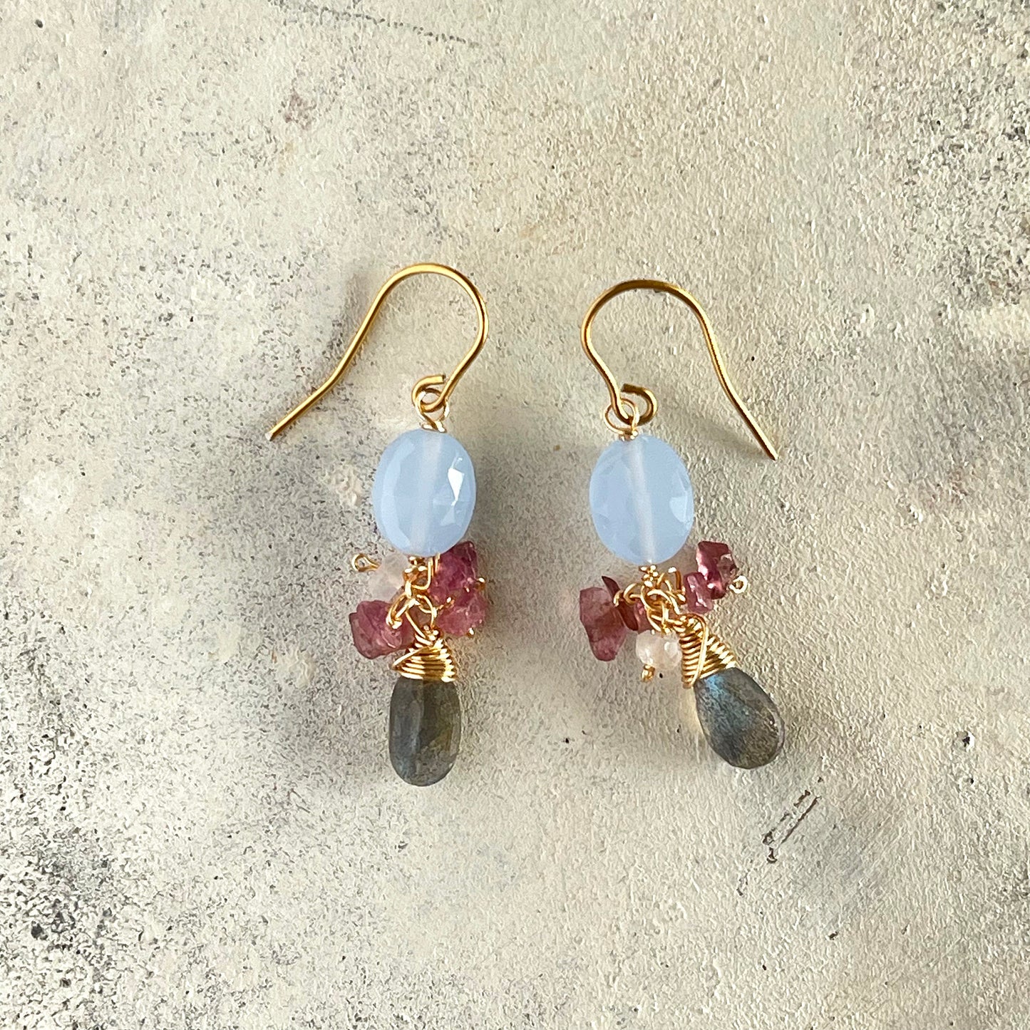 Sage Blue Chalcedony & Pink Tourmaline Chandelier Earrings with Labradorite - 14K Gold Fill