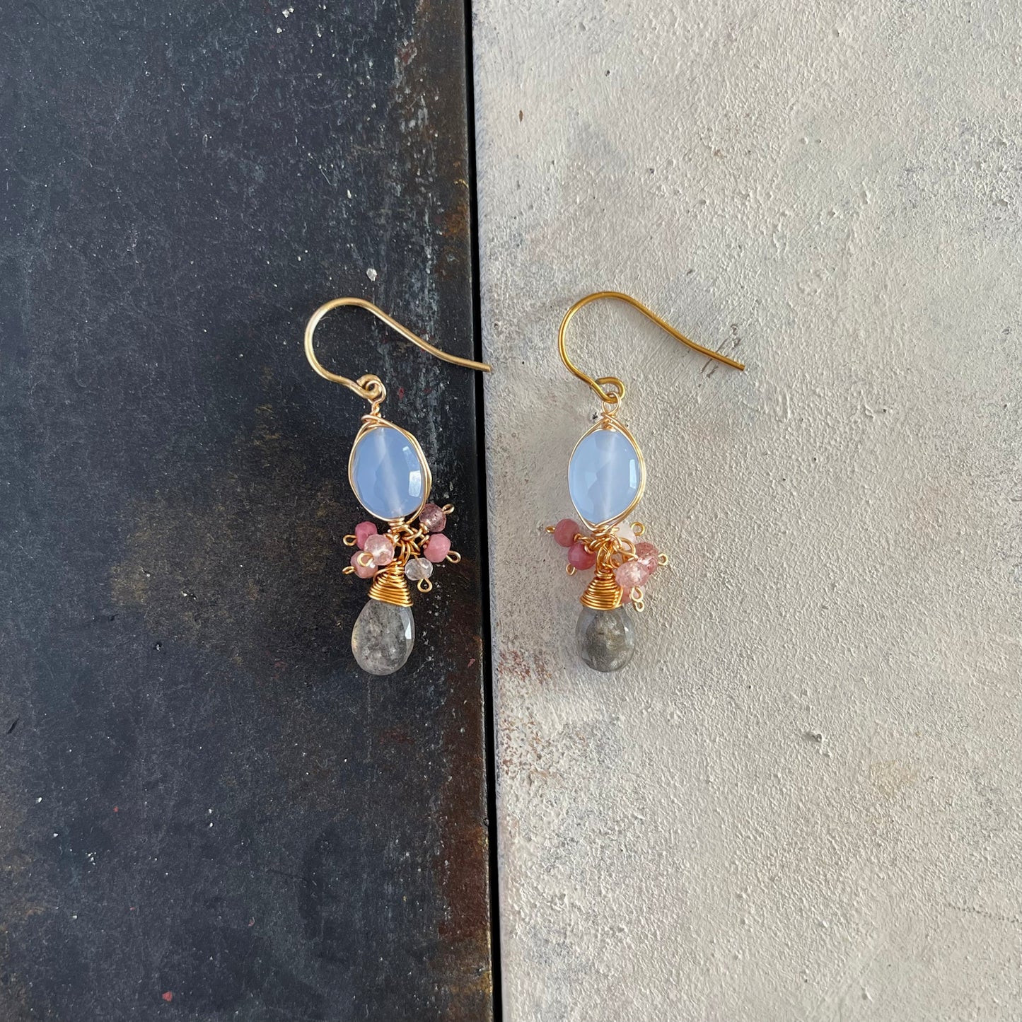 Dainty Sage Blue Chalcedony & Sweet Pink Tourmaline Chandelier Earrings with Labradorite - 14K Gold Fill