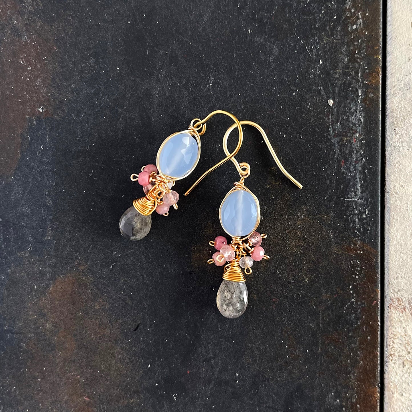 Dainty Sage Blue Chalcedony & Sweet Pink Tourmaline Chandelier Earrings with Labradorite - 14K Gold Fill