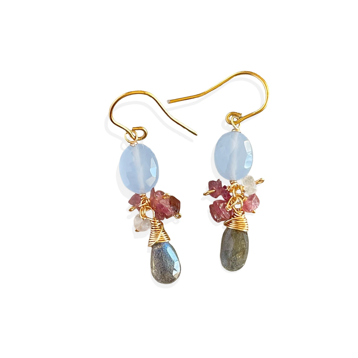 Sage Blue Chalcedony & Pink Tourmaline Chandelier Earrings with Labradorite - 14K Gold Fill