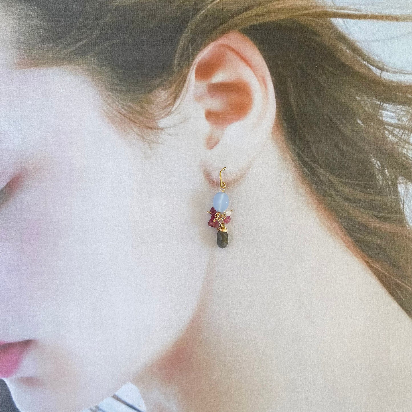 Sage Blue Chalcedony & Pink Tourmaline Chandelier Earrings with Labradorite - 14K Gold Fill