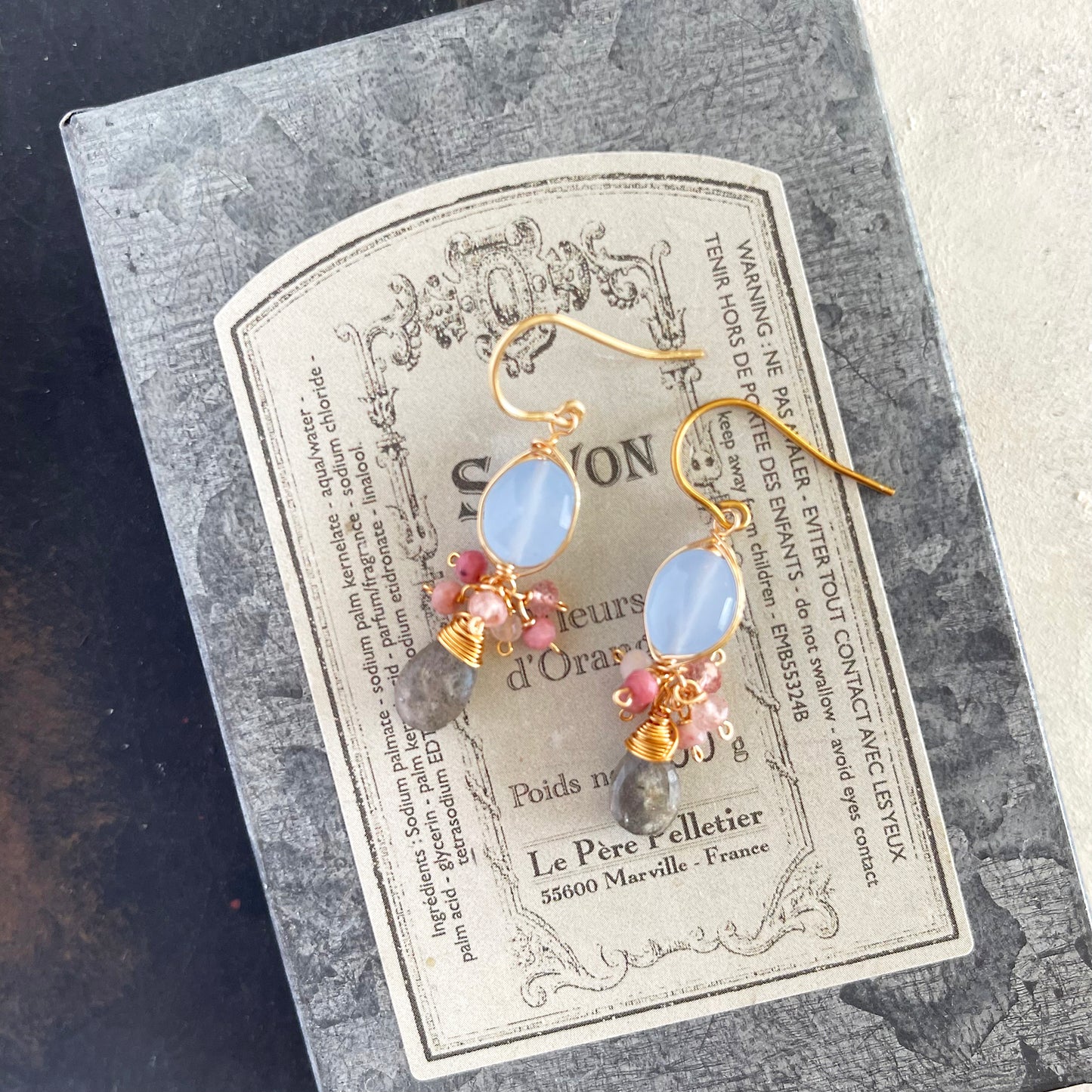 Dainty Sage Blue Chalcedony & Sweet Pink Tourmaline Chandelier Earrings with Labradorite - 14K Gold Fill