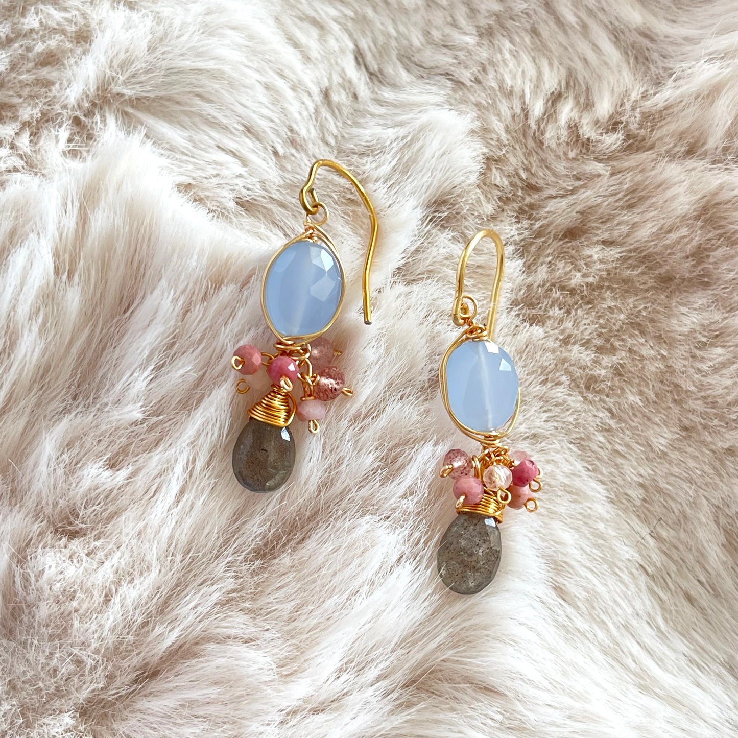 Dainty Sage Blue Chalcedony & Sweet Pink Tourmaline Chandelier Earrings with Labradorite - 14K Gold Fill