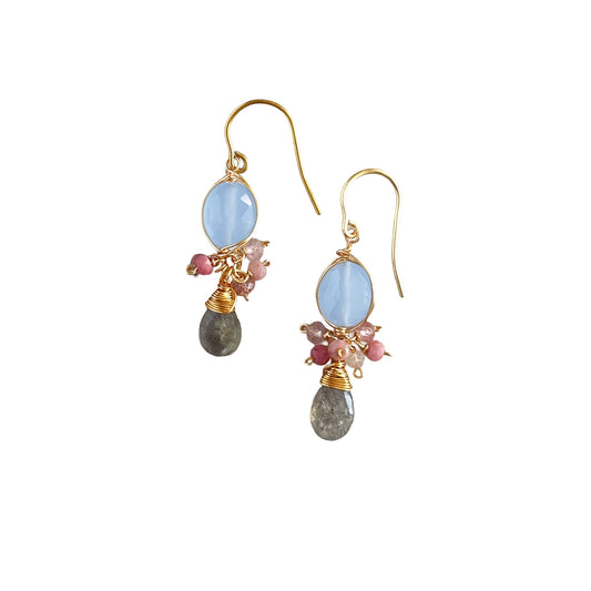 Dainty Sage Blue Chalcedony & Sweet Pink Tourmaline Chandelier Earrings with Labradorite - 14K Gold Fill