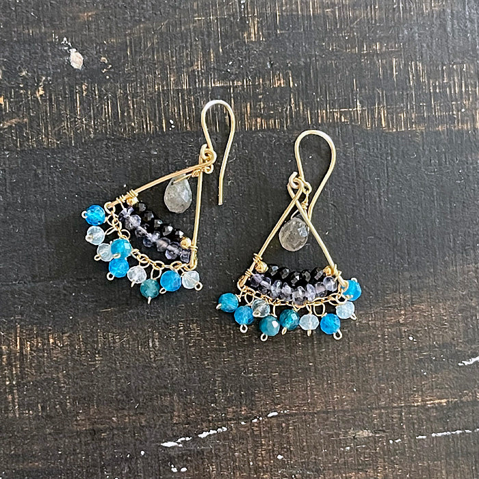 Triangle Earrings with Shades of Blue and Black Gemstones - 14KGF