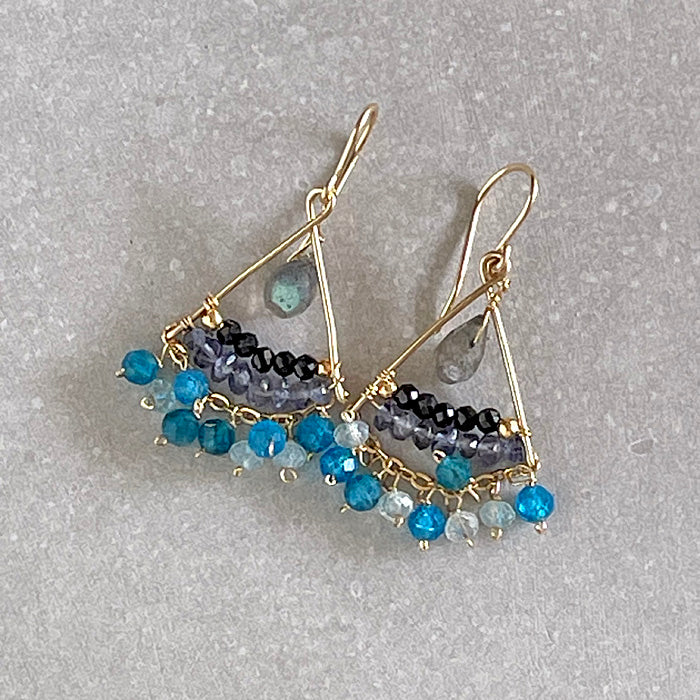 Triangle Earrings with Shades of Blue and Black Gemstones - 14KGF