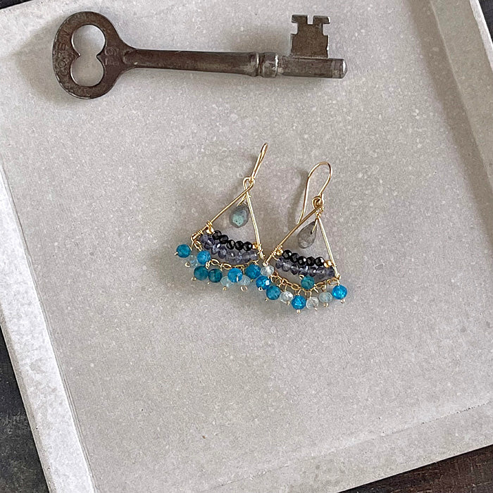 Triangle Earrings with Shades of Blue and Black Gemstones - 14KGF