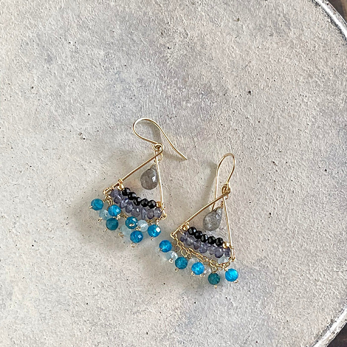 Triangle Earrings with Shades of Blue and Black Gemstones - 14KGF