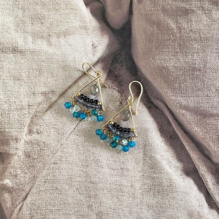 Triangle Earrings with Shades of Blue and Black Gemstones - 14KGF