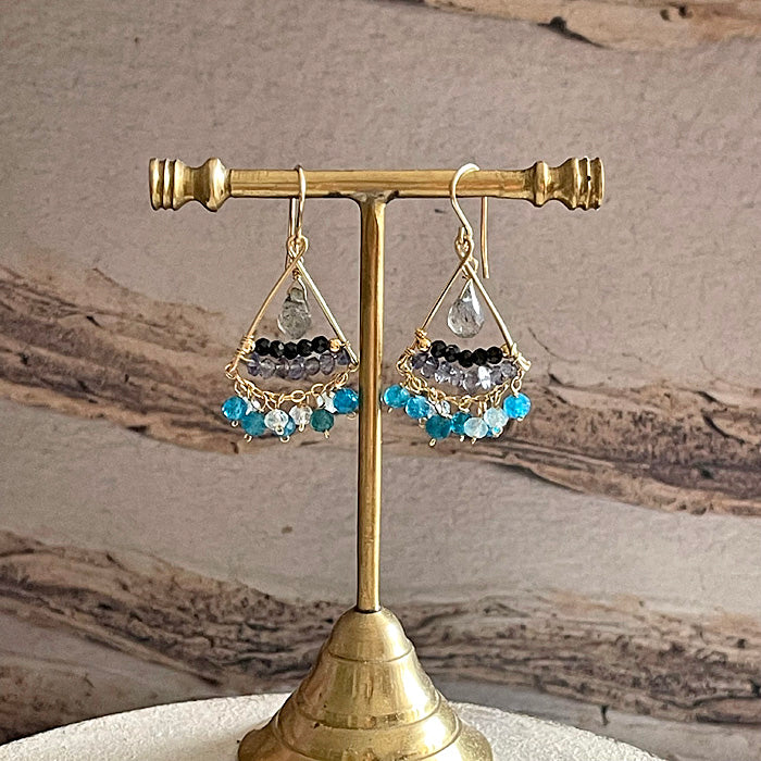 Triangle Earrings with Shades of Blue and Black Gemstones - 14KGF