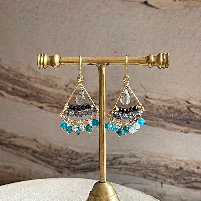 Triangle Earrings with Shades of Blue and Black Gemstones - 14KGF