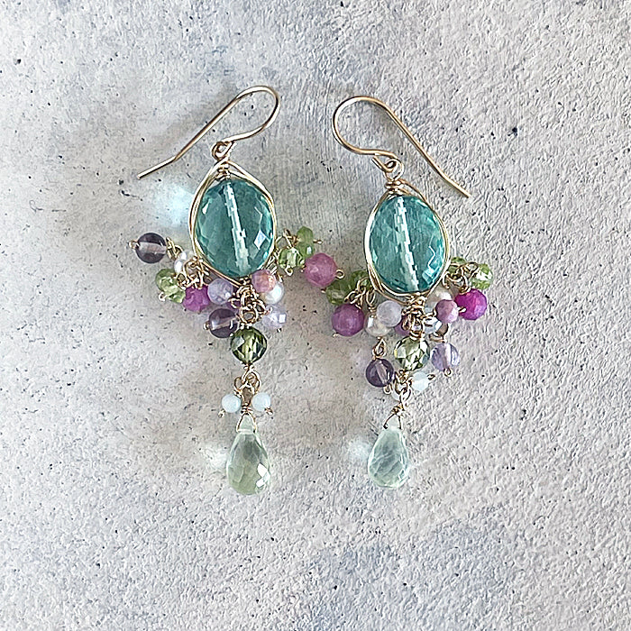 Sea Green Quartz Oval with Prehnite Drops  Wire Wrapped Chandelier Earrings - 14KGF