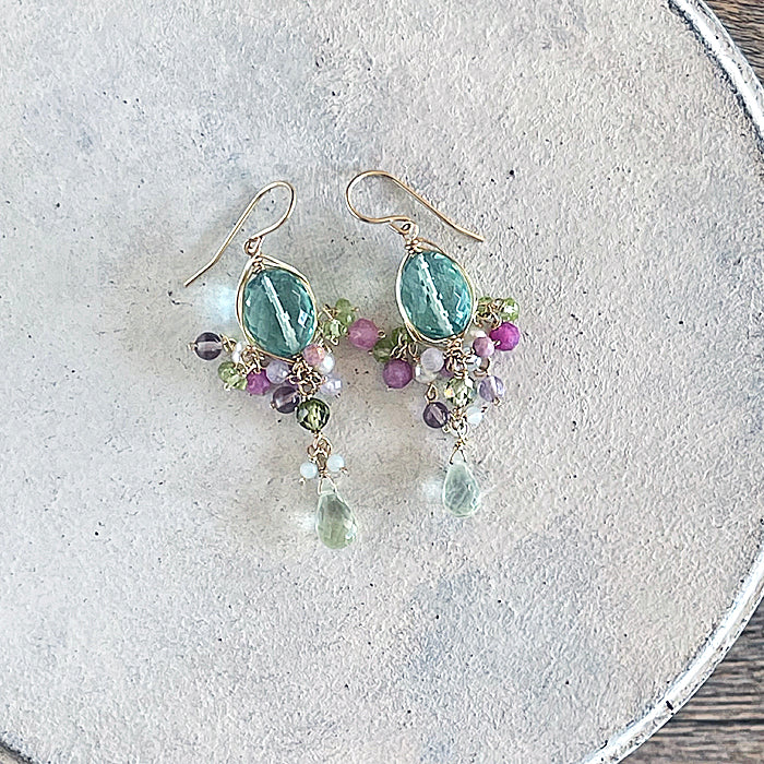 Sea Green Quartz Oval with Prehnite Drops  Wire Wrapped Chandelier Earrings - 14KGF