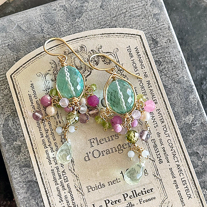 Sea Green Quartz Oval with Prehnite Drops  Wire Wrapped Chandelier Earrings - 14KGF