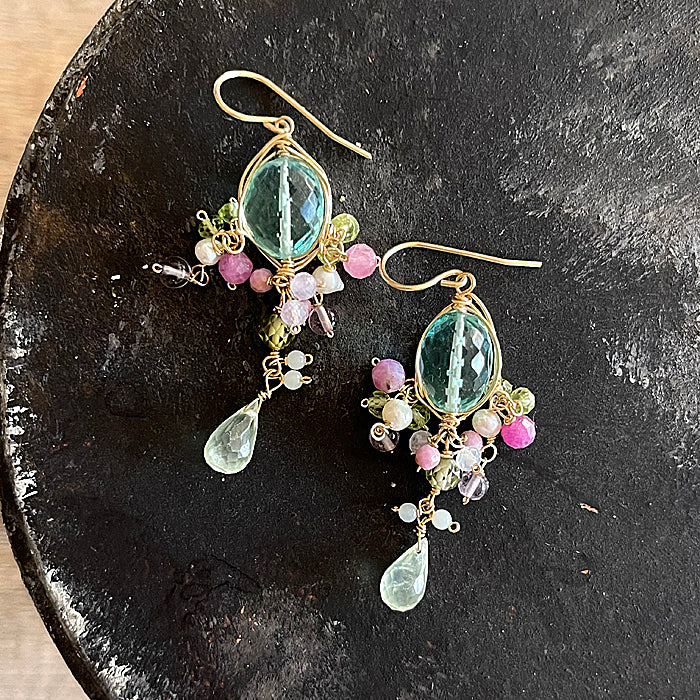 Sea Green Quartz Oval with Prehnite Drops  Wire Wrapped Chandelier Earrings - 14KGF