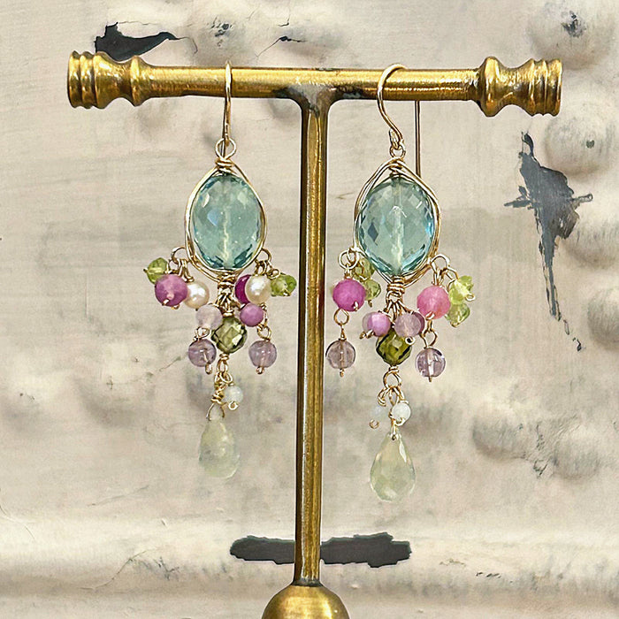 Sea Green Quartz Oval with Prehnite Drops  Wire Wrapped Chandelier Earrings - 14KGF