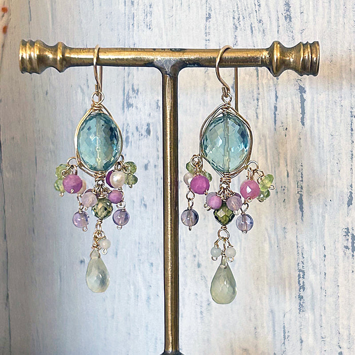 Sea Green Quartz Oval with Prehnite Drops  Wire Wrapped Chandelier Earrings - 14KGF