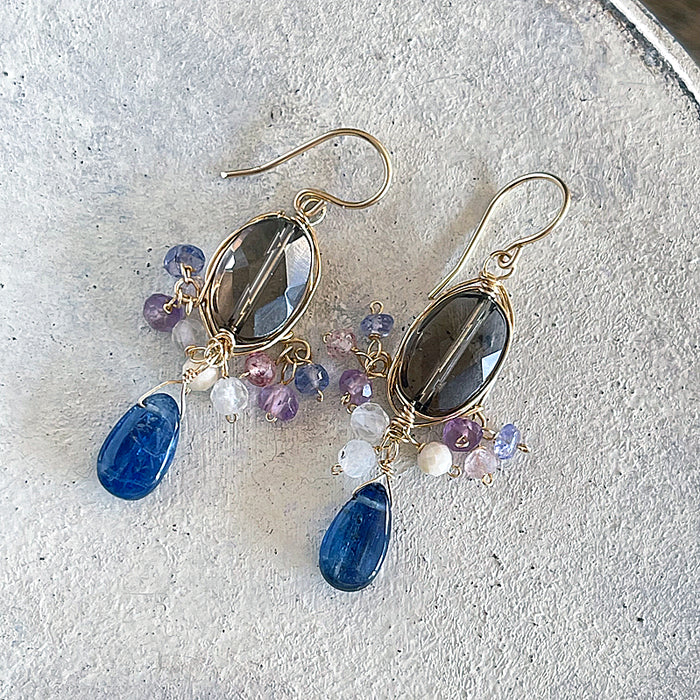 Smoky Quartz Oval with Kyanite Wire Wrapped Chandelier Earrings - 14KGF